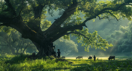 a group of people standing under a large tree - Powered by Adobe