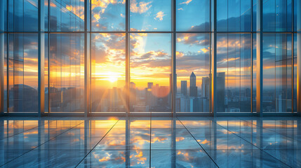 sunset in the city, a large window in a business center and Defocused architecture Blurred...