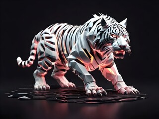 Naklejka premium Illustration of Low poly 3d image of low poly white tiger neon theme floating in metaverse 3d black background. 