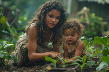 A mother teaching her child how to garden, instilling a love for nature and sustainability. Concept of maternal nurturing and environmental awareness. Generative Ai. - obrazy, fototapety, plakaty