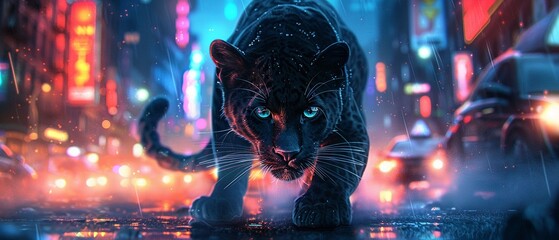 Envision a bustling city street at night, illuminated by the neon glow of skyscrapers, where a sleek black panther prowls with predatory grace - obrazy, fototapety, plakaty