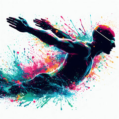man sport swimmer swimming splash color paint and white background - 783308121