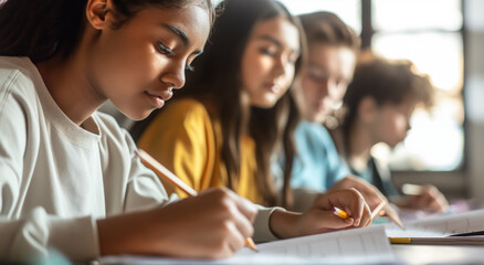 A group of young women are focused and writing at a wooden table in a classroom setting.