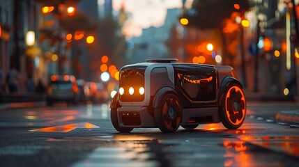 Futuristic car with glowing tires cruises city street at night - obrazy, fototapety, plakaty