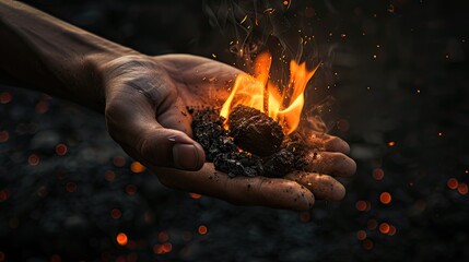 A hand squeezes burning coal against a black backdrop. Witness the power of endurance and resilience - 783308168