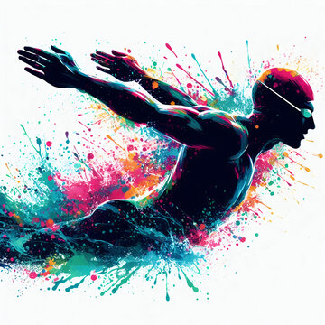 man sport swimmer swimming splash color paint and white background