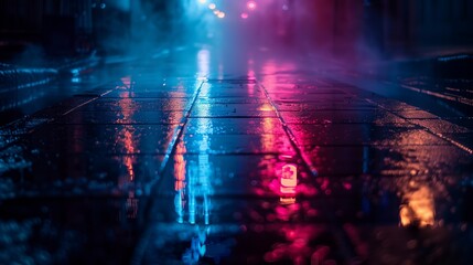 Fototapeta na wymiar Wet asphalt, reflection of neon lights, a searchlight, smoke. Abstract light in a dark empty street with smoke, smog. Dark background scene of empty street, night view, night city
