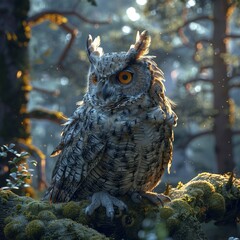 Envision a moonlit forest glade where a wise old owl perches on a moss-covered branch, its golden eyes scanning the darkness for signs of movement as it prepares to swoop down on unwary mice