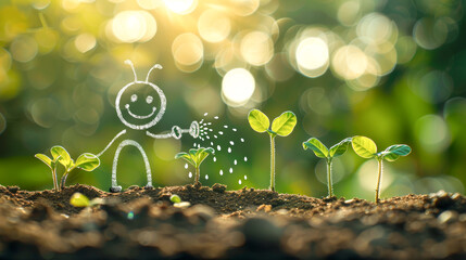 Joyful Gardening Concept: Hand-drawn Character Watering Young Plants - 783308705