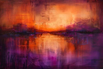 Crédence de cuisine en verre imprimé Bordeaux Sunset sky painted in orange and purple hues across an abstract watercolor background narrating the days end with poetic grace