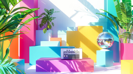 Vibrant Retro Disco Setup with Tropical Plants and Colorful Geometric Shapes - 783308716