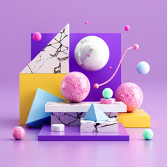 Abstract Spheres and Geometric Shapes in Pastel Colors on Purple Background - 783308717