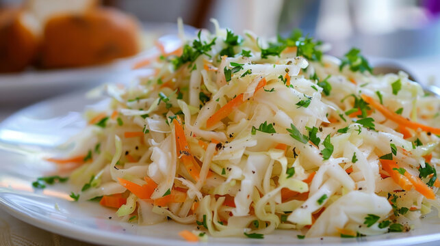 Close-up image of a delicious, fresh egyptian cabbage salad garnished with herbs