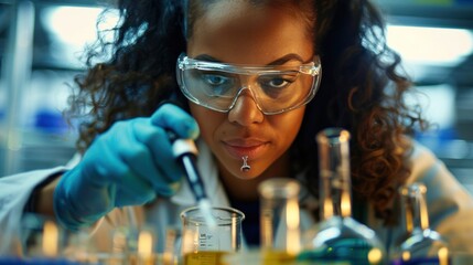 A female lab assistant is pipetting into a graduated flask. focus on reduction