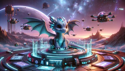 Alien Dragon on a Futuristic Sci-Fi Platform with Hovering Spacecraft