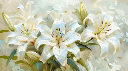 The delicate texture of white lily flowers brought to life with the intricate strokes of oil paint