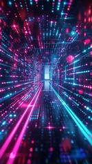Fototapeta premium Futuristic cyber realm environment, 3D render of glowing neon lattices in vast virtual space, 3D Scientific Visualization