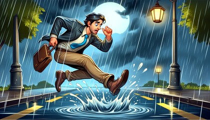 Businessman Running in Rain at Night with Briefcase and Umbrella