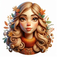 Whimsical Woman with Floral Headpiece and Autumn Leaves