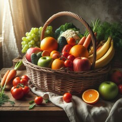 Overflowing Wicker Basket with Fresh Fruits and Vegetables on Rustic Table