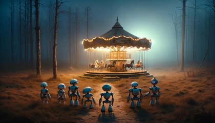 Magical Carousel in Enchanted Forest with Curious Robots at Night - obrazy, fototapety, plakaty