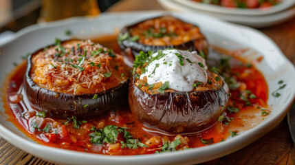 Savory stuffed eggplants topped with creamy sauce and fresh herbs on a white plate