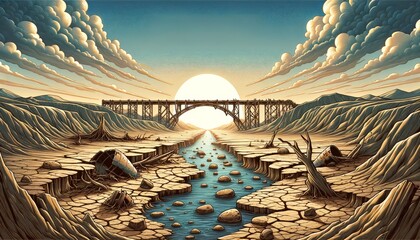 Arched Bridge Over Cracked Earth in a Dramatic Desert Landscape at Sunset