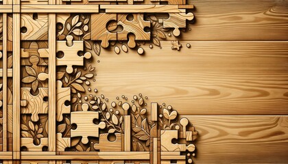Intricate Wooden Puzzle Pieces with Floral Designs on Textured Background