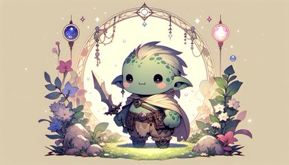 Whimsical Fantasy Creature in a Magical Forest with Glowing Orbs