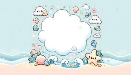 Whimsical Underwater Scene with Kawaii Sea Creatures and Clouds