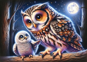 Two Owls in a Moonlit Forest with a Starry Sky Background