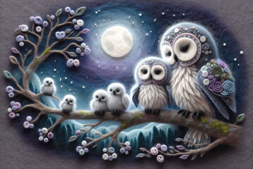 Whimsical Owls in Moonlit Forest Illustration
