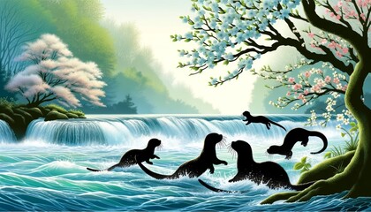 Serene Waterfall Landscape with Playful Otters and Blooming Trees