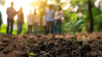 Green seedling growing in fertile soil with blurred - obrazy, fototapety, plakaty