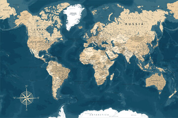 World Map - Highly Detailed Vector Map of the World. Ideally for the Print Posters. Dark Blue Golden Beige Retro Style - obrazy, fototapety, plakaty