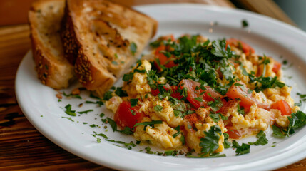 Plate of egyptian scrambled eggs with tomatoes, garnished with fresh herbs and sesame bread