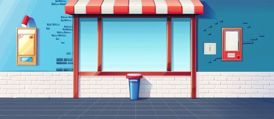 Store front depicted in a cartoon style showing a red awning and a blue trash can placed outside the building