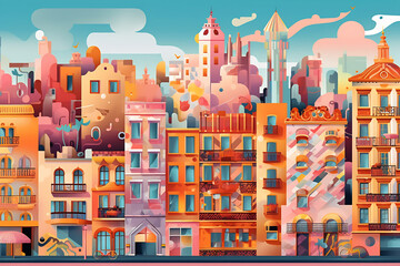 Barcelona urban landscape. Pattern with houses. Illustration