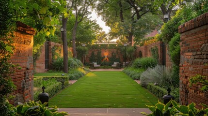 Obraz premium harmonious blend of nature and architecture amidst lush green lawns and rustic brick walls