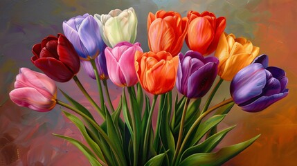 Obraz na płótnie Canvas Tulips in an array of colors stand tall in an oil painting each petal a stroke of genius reflecting the springs renewal