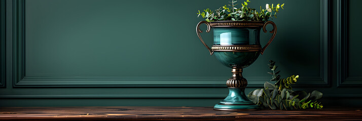 Trophy cup on green background with copy space,
Frame mockup in dark green home interior 3d render Bright color - obrazy, fototapety, plakaty