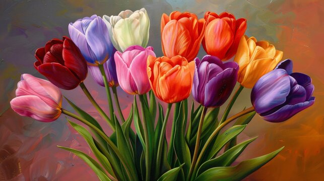 Tulips in an array of colors stand tall in an oil painting each petal a stroke of genius reflecting the springs renewal