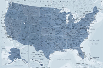 United States - Highly Detailed Vector Map of the USA. Ideally for the Print Posters. Grey Silver Monochrome Colors. Relief Topographic - obrazy, fototapety, plakaty