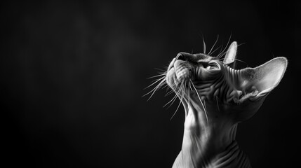 a black and white photo of a sphynx cat on black background
