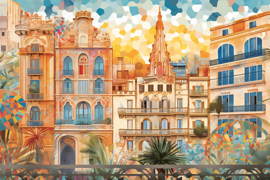Barcelona urban landscape. Pattern with houses. Illustration