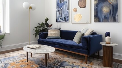 Stylish Modern Living Room with Navy Blue Velvet Sofa and Unique Gallery Wall