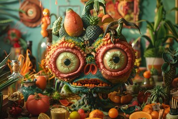 Surreal and Vibrant Digital Artwork of a Fantastical House Party Setting with Anthropomorphic Floral and Fruit Arrangements