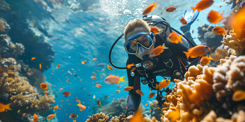 Scuba Diver over Reef  - obrazy, fototapety, plakaty