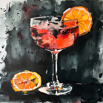 glass of martini with ice cocktail with ice and lemon splash ink drawing painting style