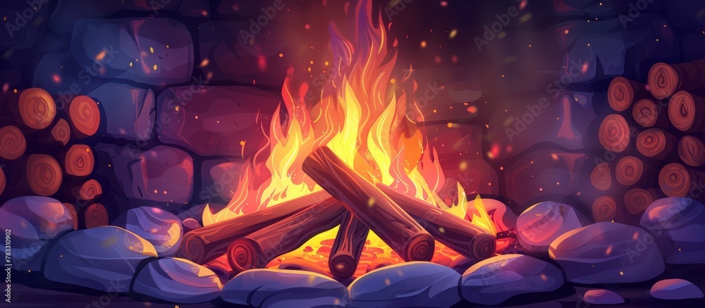 Sticker Fire in a cozy fireplace, surrounded by rocks and logs, illustrated in a cartoon style